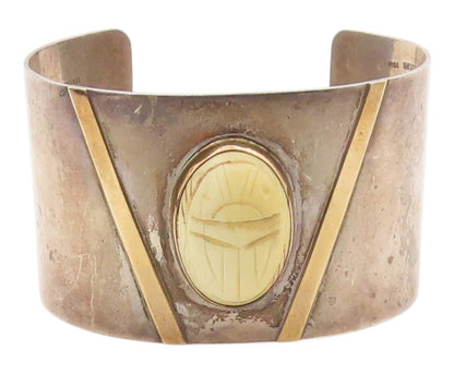 14k Gold & 925 Sterling Silver Vintage Bracelet M&J SAVITT Agate Scarab  BT12105