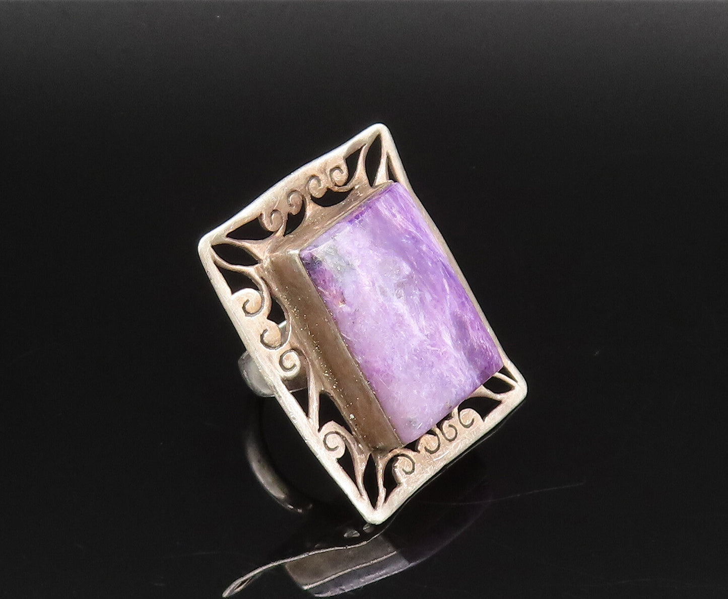 925 Silver  Vintage Openwork Frame Charoite Statement Ring Sz 7  RG26039