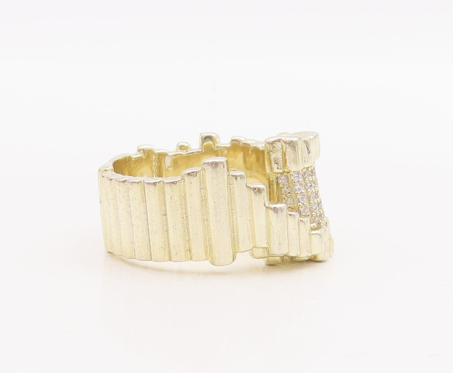 925 Sterling Silver Vintage Ring Solid Brutalist CZ Wood Cut  Sz 7.5  RG28968