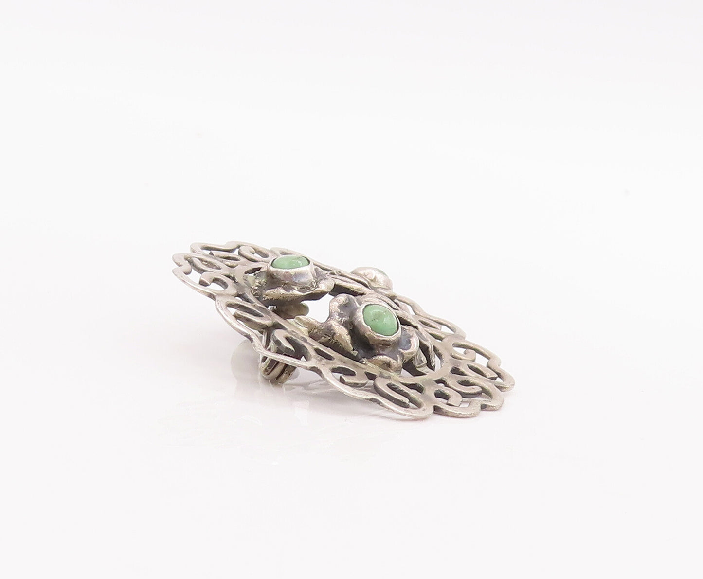 925 Sterling Silver Vintage Brooch Pin Cutout Round Turquoise Flower  BP11123