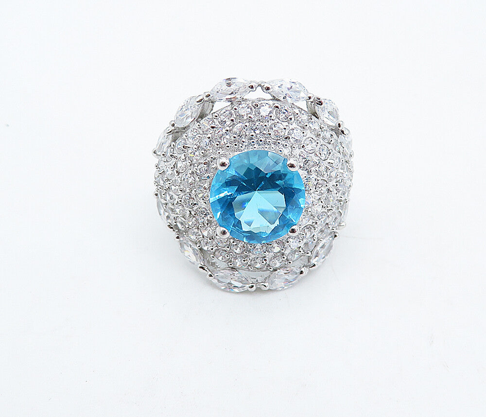 925 Sterling Silver  Blue Topaz & Cubic Zirconia Cocktail Ring Sz 8  RG4957