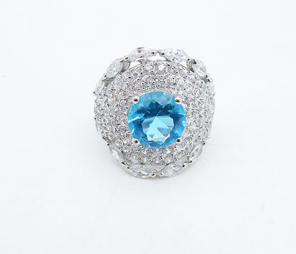 925 Sterling Silver  Blue Topaz & Cubic Zirconia Cocktail Ring Sz 8  RG4957