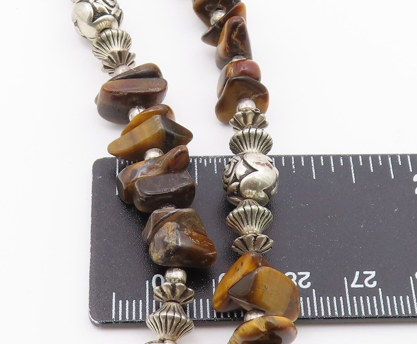 925 Silver  Vintage Engraved Sphere Bar & Tiger's Eye Layered Necklace  NE3877