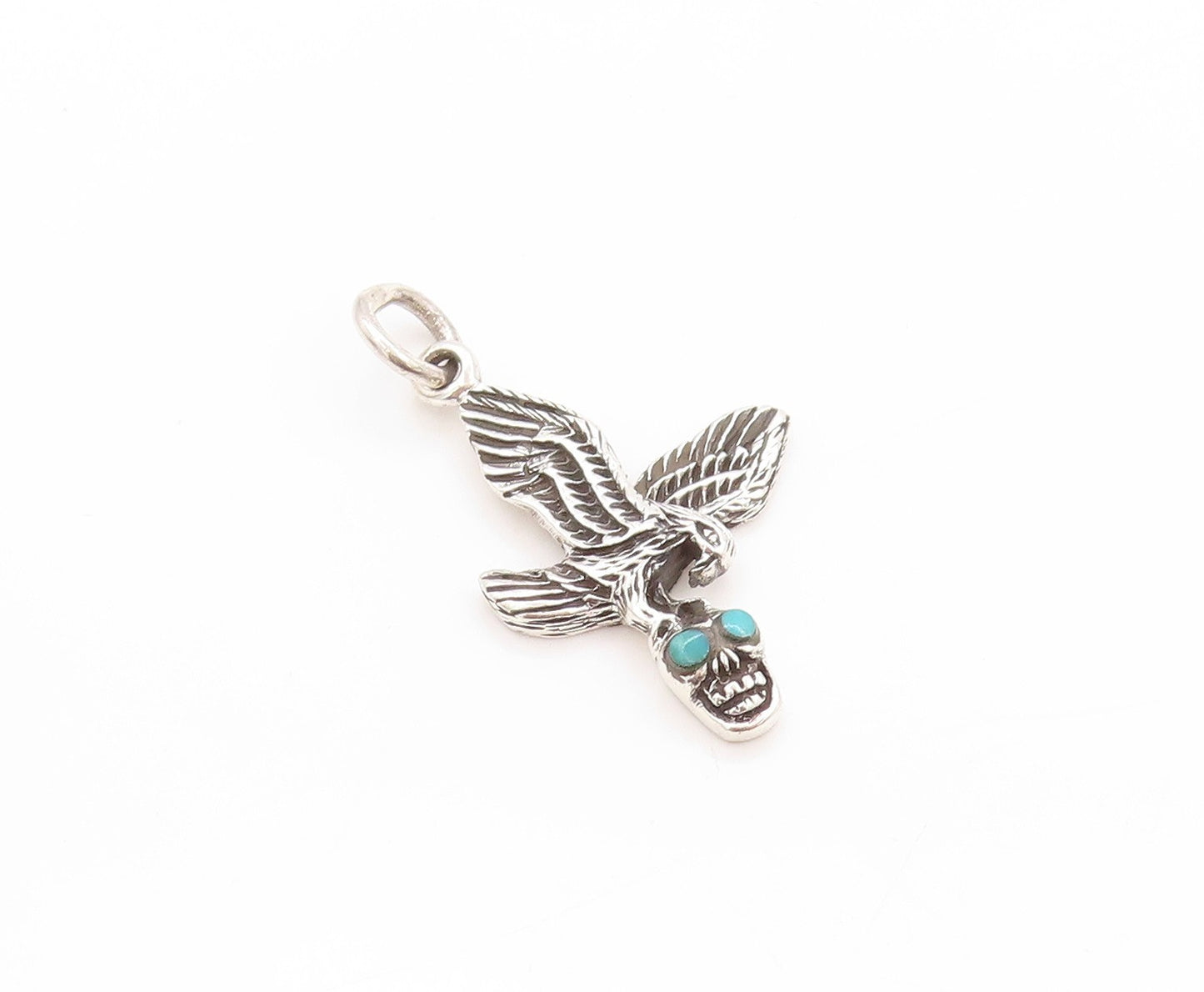 925 Sterling Silver Vintage Pendant Flying Bird Turquoise Eyed Skull  PT24153