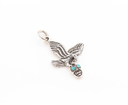 925 Sterling Silver Vintage Pendant Flying Bird Turquoise Eyed Skull  PT24153