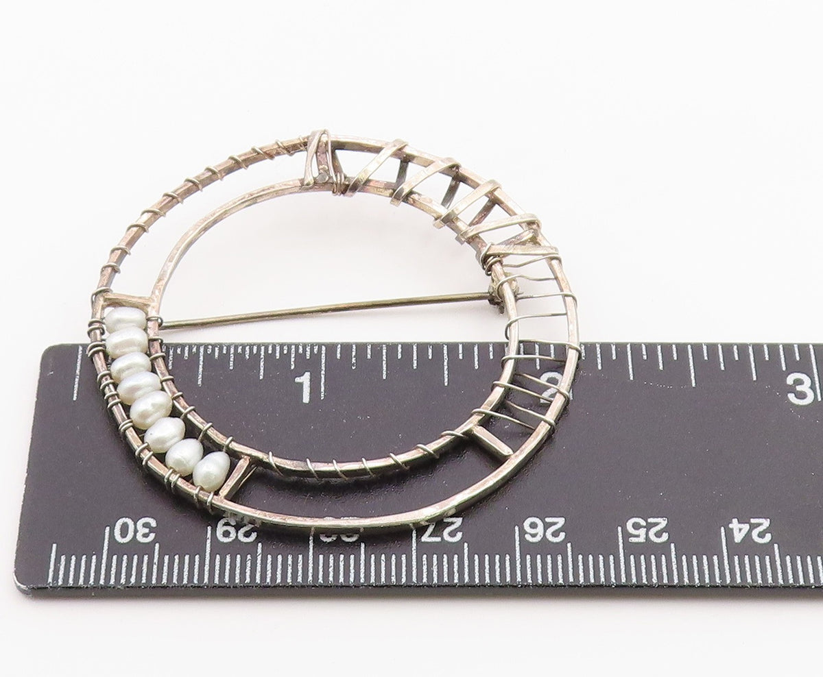 925 Sterling Silver Vintage Brooch Pin Modern Wire Wrapped Pearl Circle  BP12594