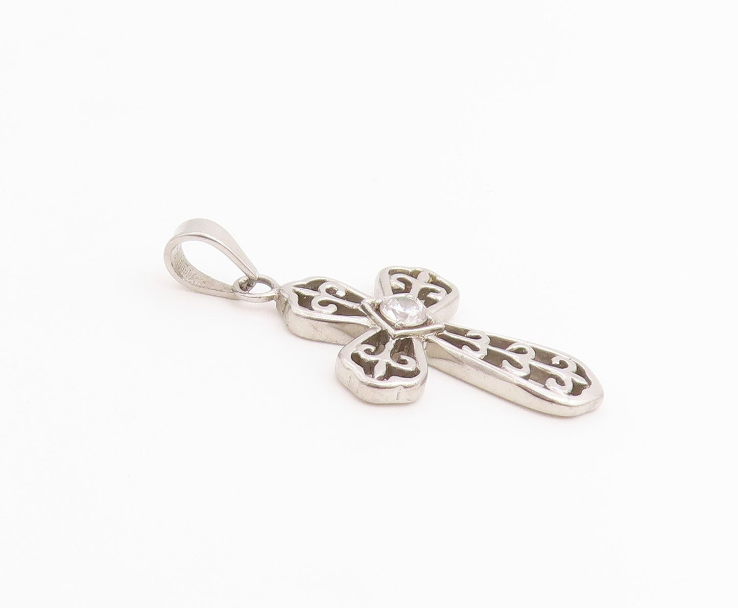 925 Sterling Silver Vintage Pendant Round Cut CZ Religious Cross Charm  PT26528