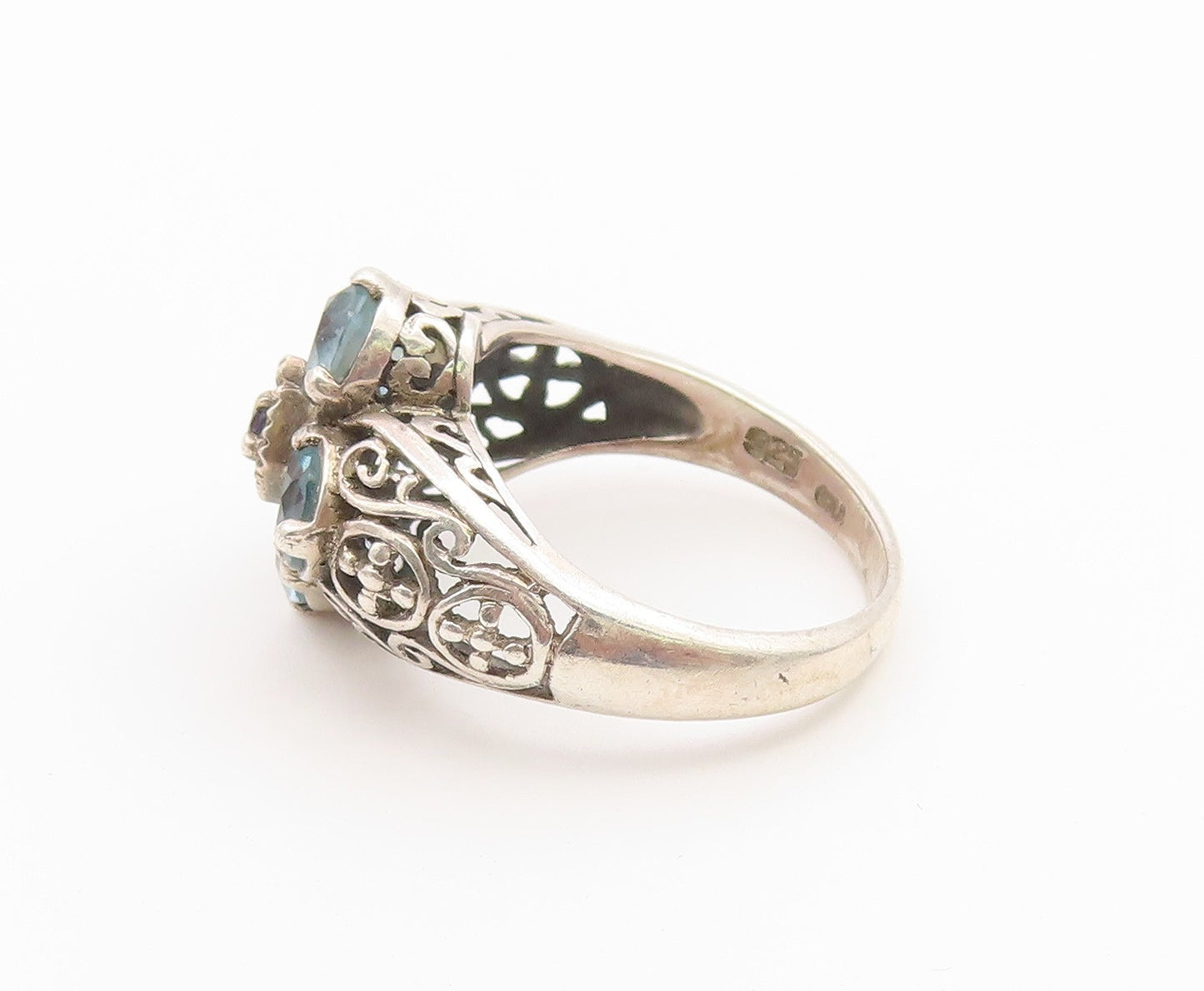 925 Sterling Silver Vintage Ring Sapphire & Aquamarine Floral Band Sz 7 RG36789