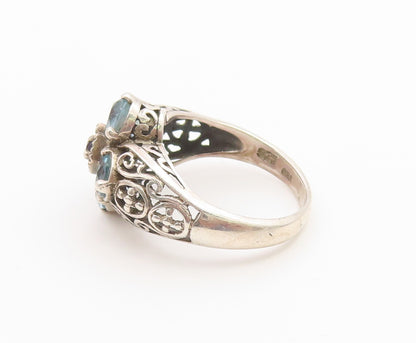925 Sterling Silver Vintage Ring Sapphire & Aquamarine Floral Band Sz 7 RG36789