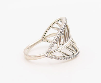 925 Sterling Silver Vintage Ring PANDORA CZ Tropical Palm Leaf  Sz 8.5  RG36280