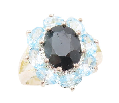 925 Sterling Silver Vintage Ring Oval Onyx Halo Blue Topaz Flower  Sz 7 RG31122