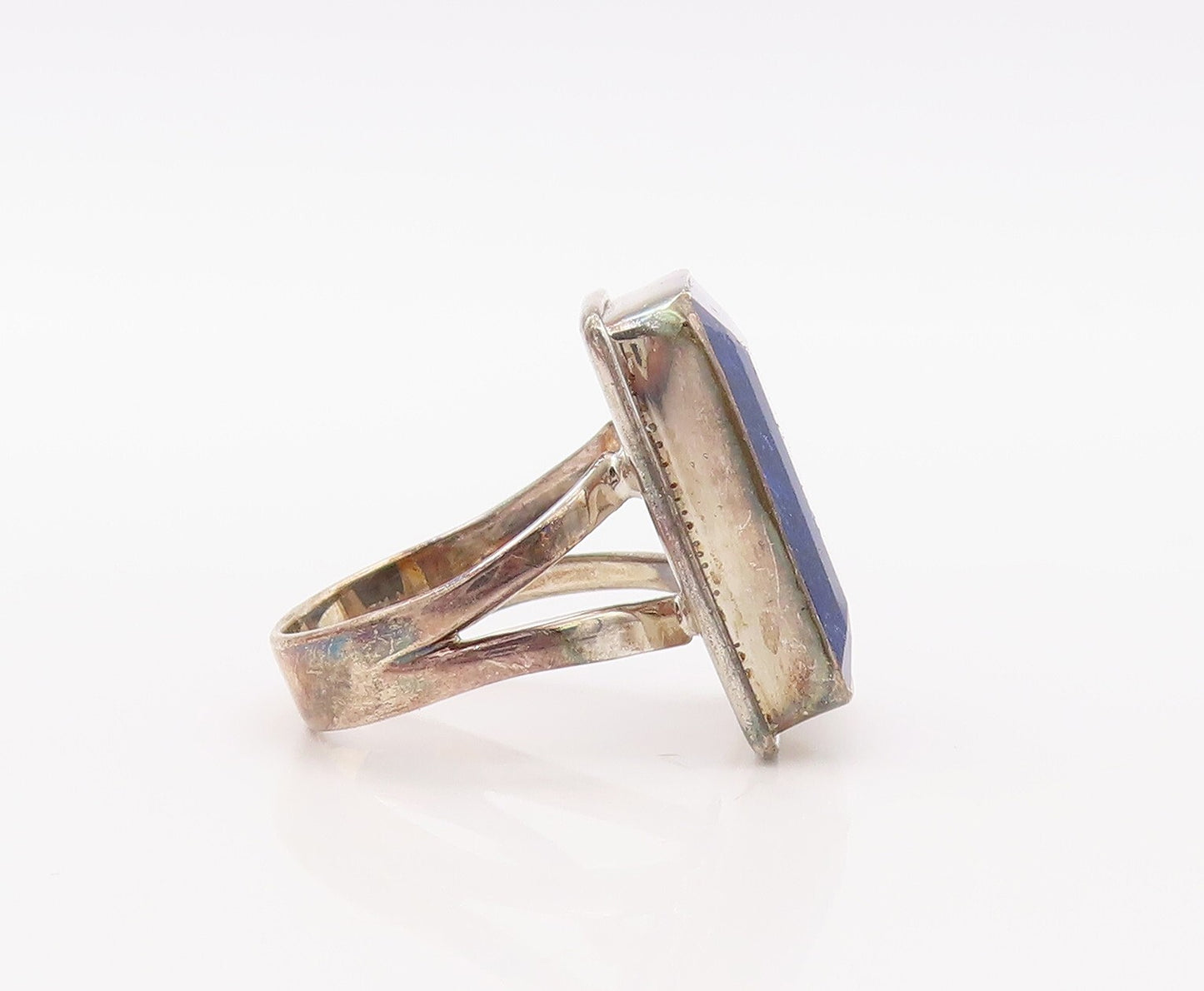 925 Sterling Silver Vintage Ring Rectangle Cut Lapis Lazuli  Sz 9.5  RG30763