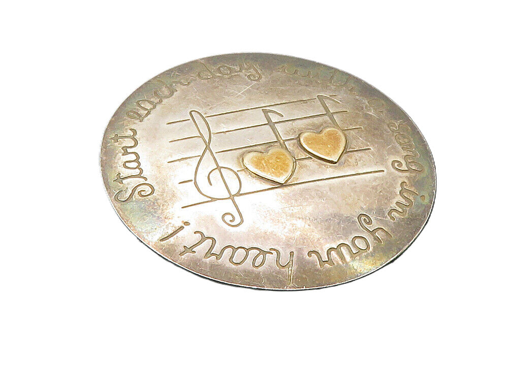 925 Silver & 14K GOLD  Vintage Song In Your Heart Quote Brooch Pin  BP3643
