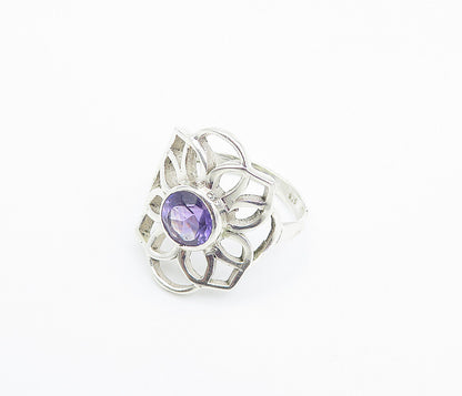 925 Sterling Silver  Amethyst Open Floral Design Cocktail Ring Sz 8  RG8461