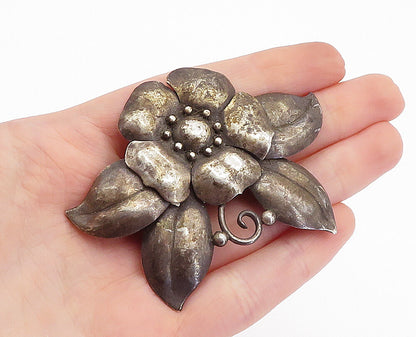 RAJ 925 Sterling Silver  Vintage Dark Tone Flower Motif Brooch Pin  BP1095