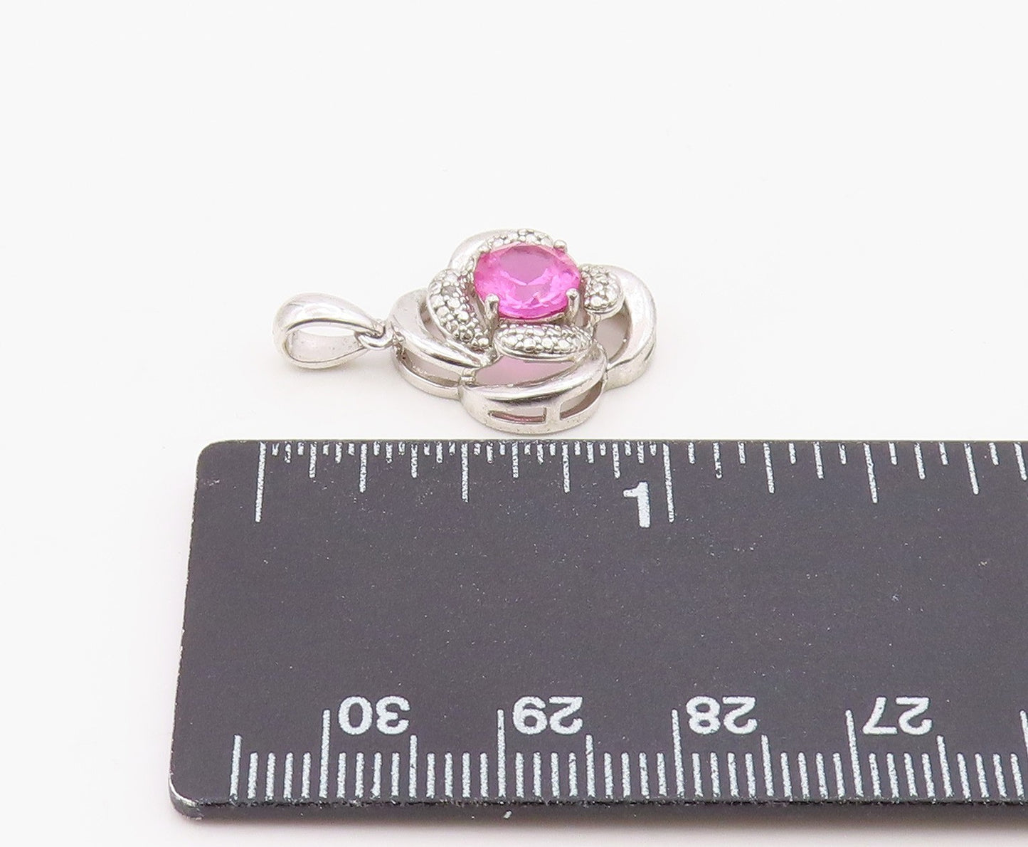 925 Sterling Silver Vintage Pendant Modernist Pink Topaz Floral Charm  PT26328
