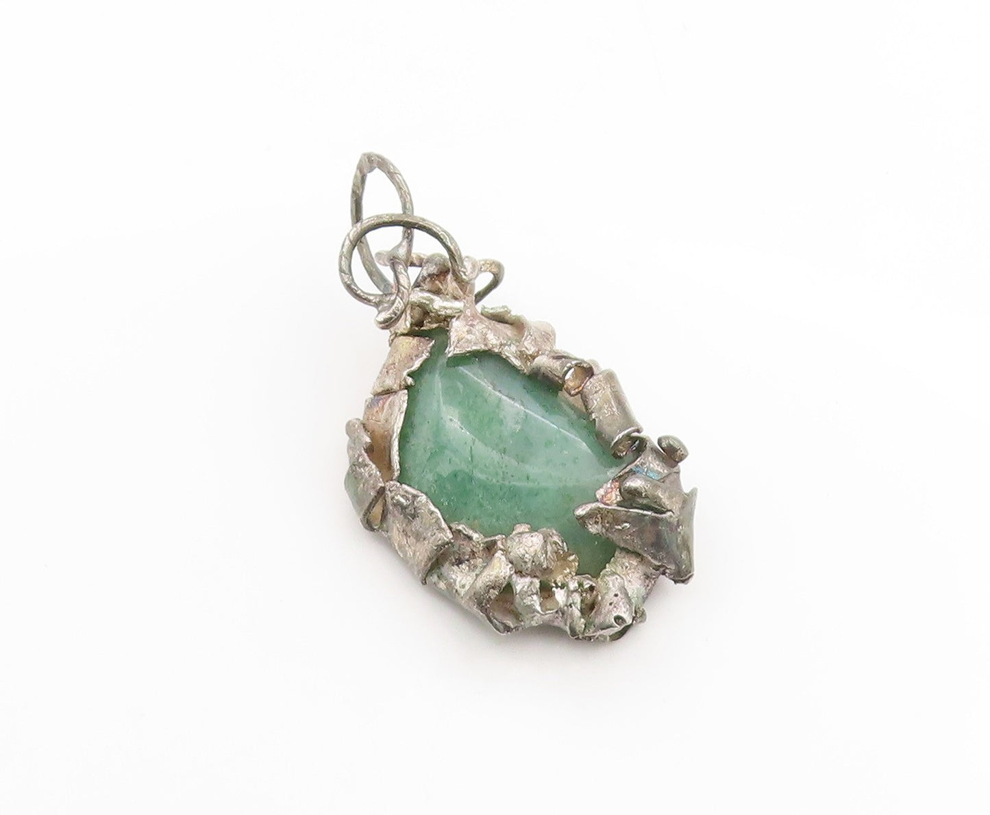 925 Sterling Silver Vintage Pendant Green Aventurine Brutalist Charm  PT25691