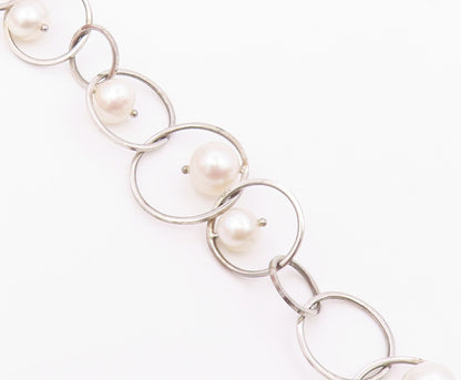 925 Sterling Silver  Vintage Cultured Pearl Open Circle Chain Bracelet  BT8935