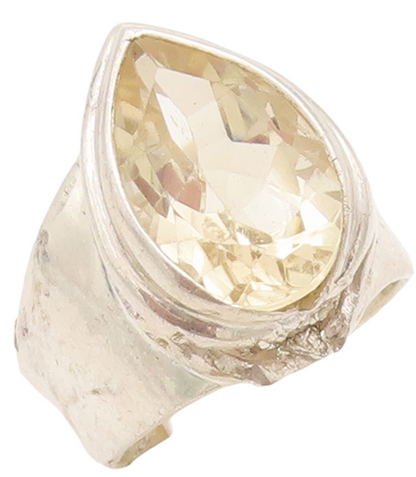 925 Sterling Silver Vintage Ring Swirly Cutout Large Drop Cut Topaz Sz 6 RG28687