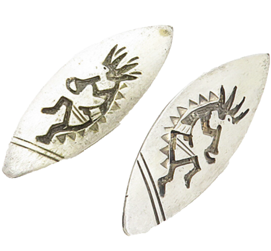 NAVAJO 925 Silver  Vintage Kokopelli Dancer Etched Oval Drop Earrings  EG4504