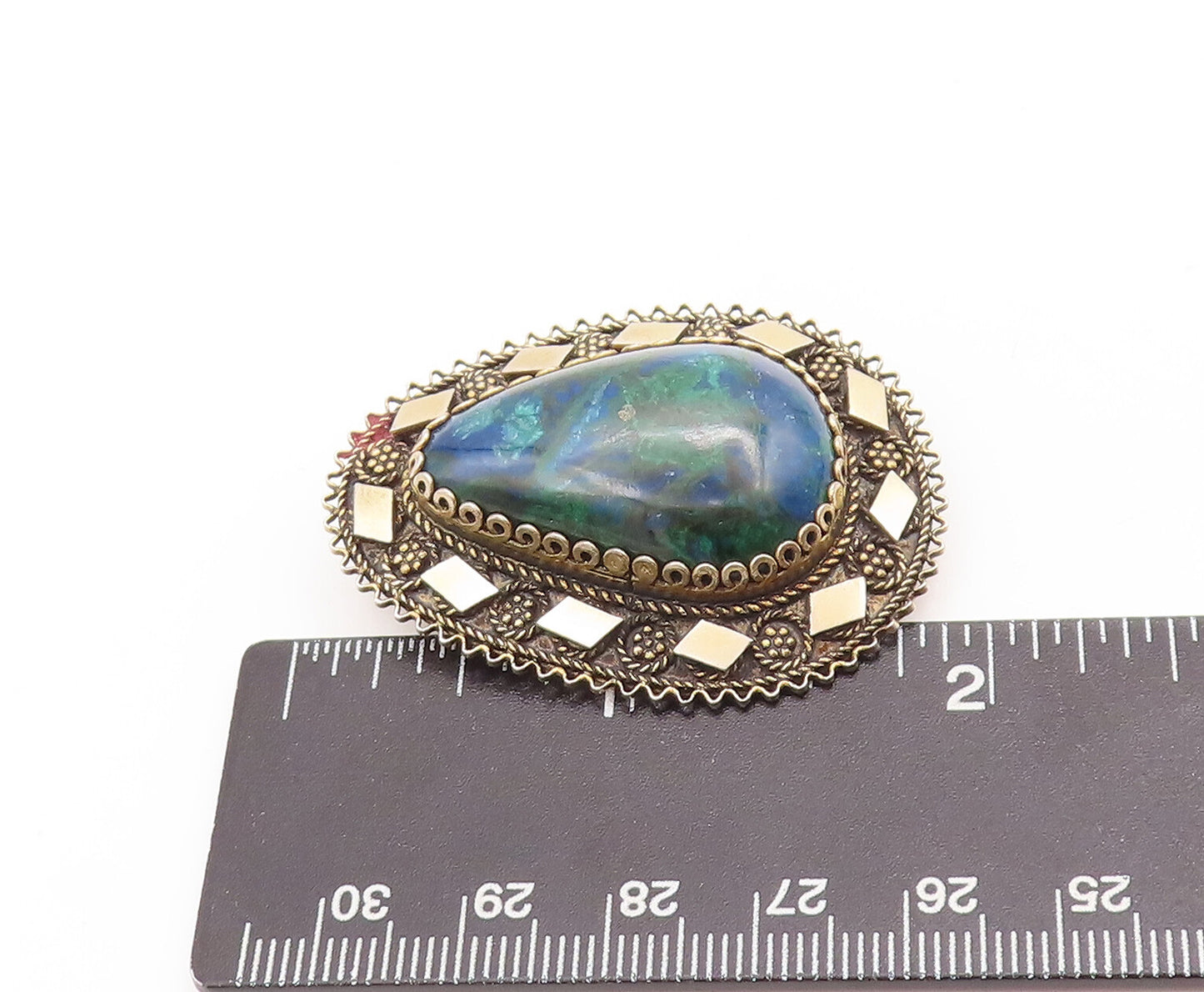 ISRAEL 925 Silver  Vintage Teardrop Azurite Halo Beaded Brooch Pin  BP10511