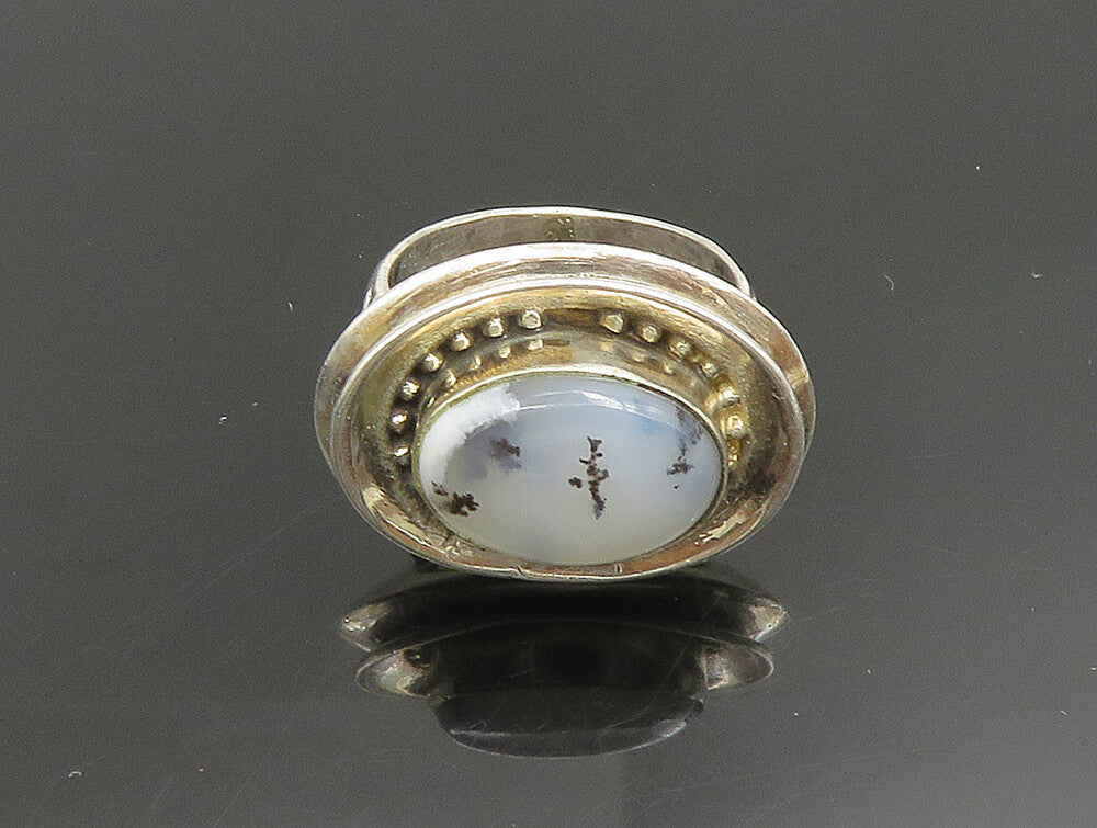 925 Silver  Vintage Unique Beaded Oval Frame Moss Agate Ring Sz 7.5  RG25344