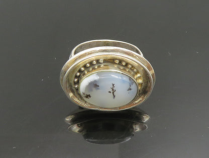 925 Silver  Vintage Unique Beaded Oval Frame Moss Agate Ring Sz 7.5  RG25344