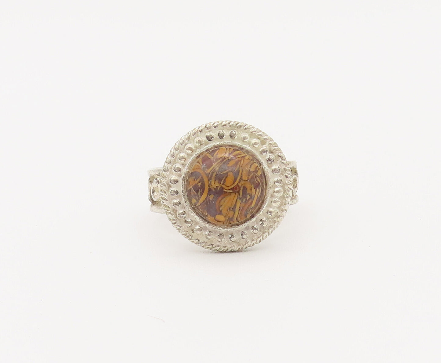 925 Sterling Silver Vintage Ring Carved Beaded Disc Enameled Stone Sz 8 RG27815