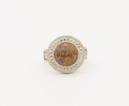 925 Sterling Silver Vintage Ring Carved Beaded Disc Enameled Stone Sz 8 RG27815