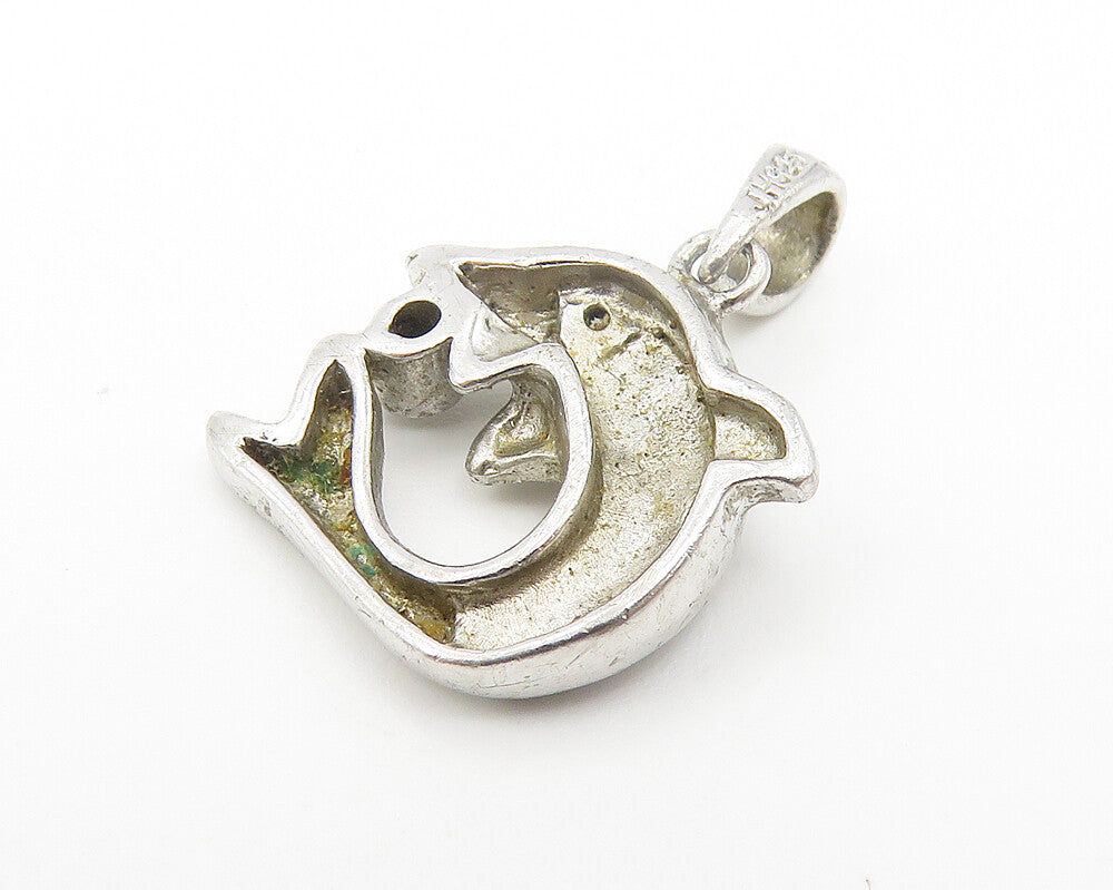 925 Sterling Silver  Vintage Mother Of Pearl & Topaz Dolphin Pendant  PT9171