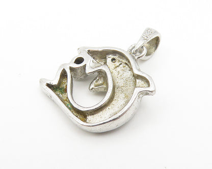 925 Sterling Silver  Vintage Mother Of Pearl & Topaz Dolphin Pendant  PT9171