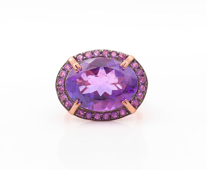 925 Sterling Silver Vintage Ring Rose Gold Plated Oval Cut Amethyst Sz 7 RG30590