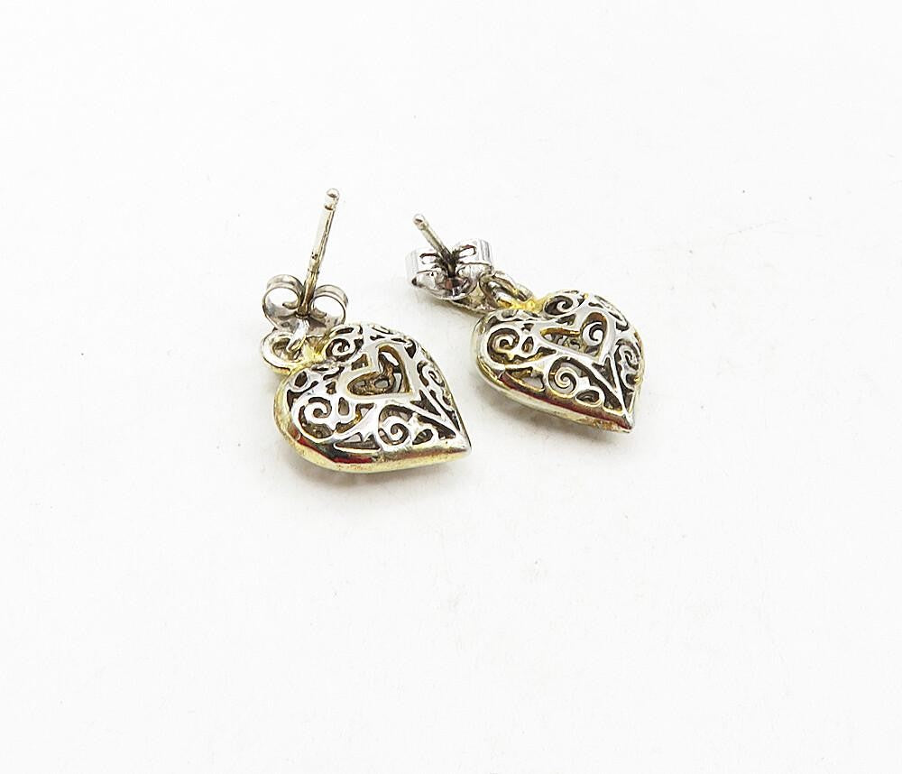 925 Sterling Silver  Vintage Two Tone Swirl Love Heart Drop Earrings  EG4703