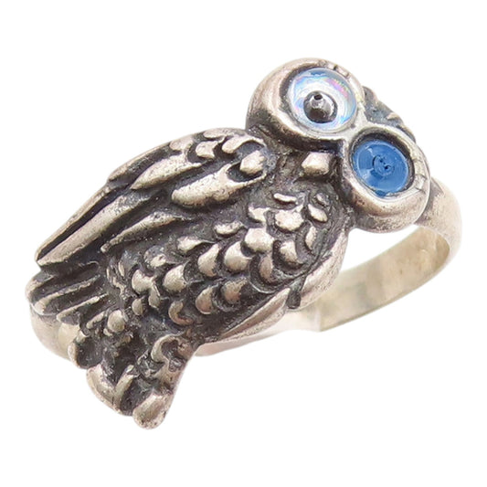 925 Sterling Silver Vintage Ring Blue Eyed Wise Owl Motif Band  Sz 7.5  RG36111