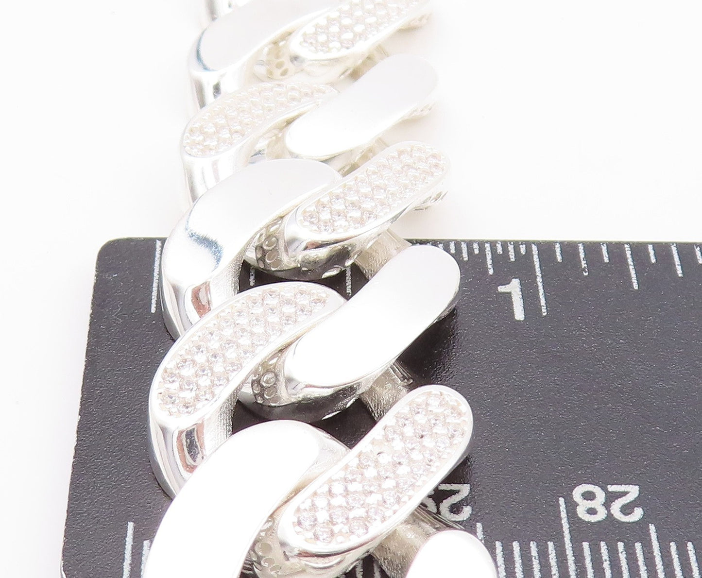 925 Sterling Silver Vintage Necklace Designer Large CZ Inlay Curb Links NE4531
