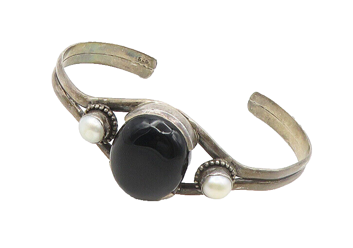 925 Sterling Silver  Vintage Black Onyx & Pearls Split Cuff Bracelet  BT6749