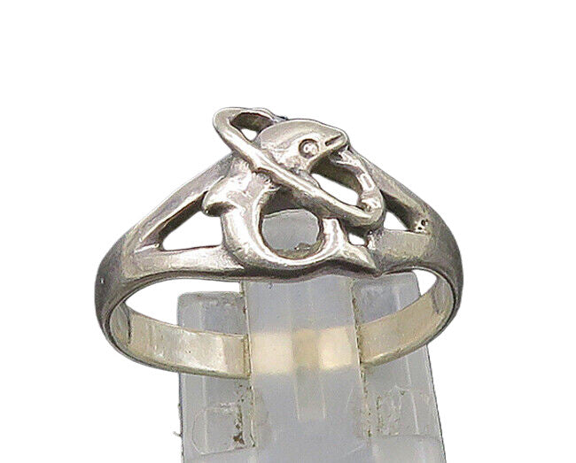 925 Sterling Silver  Vintage Shiny Dolphin & Hoop Band Ring Sz 8  RG21420