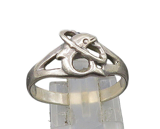 925 Sterling Silver  Vintage Shiny Dolphin & Hoop Band Ring Sz 8  RG21420