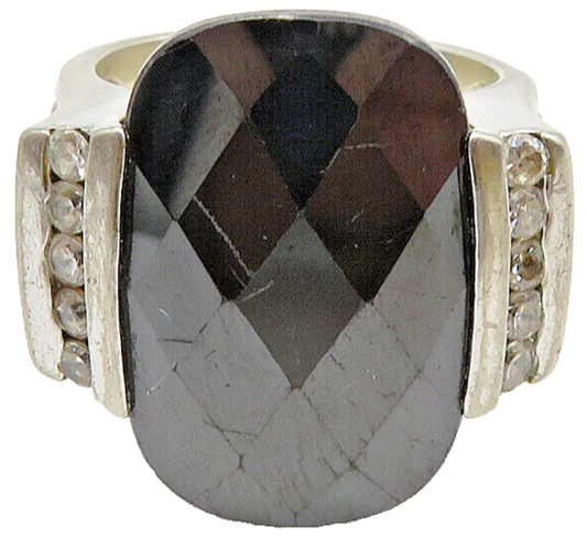 925 Sterling Silver  Vintage Hematite & Topaz Cocktail Ring Sz 6  RG10471