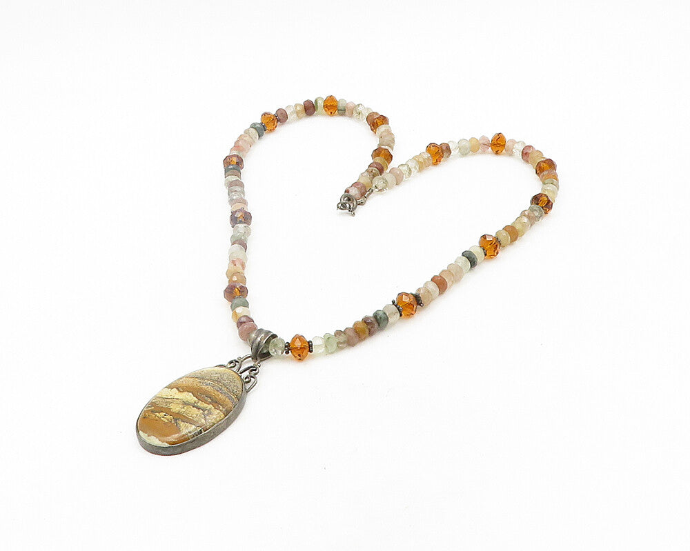 925 Silver   Vintage Jasper Quartz & Citrine Beaded Chain Necklace  NE3222