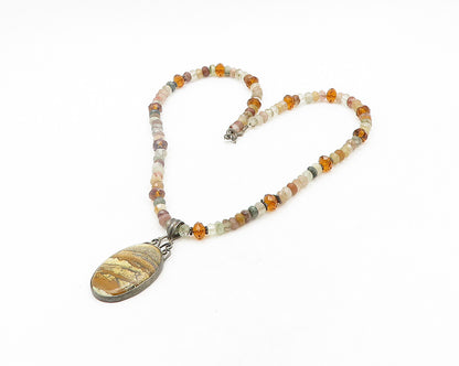 925 Silver   Vintage Jasper Quartz & Citrine Beaded Chain Necklace  NE3222