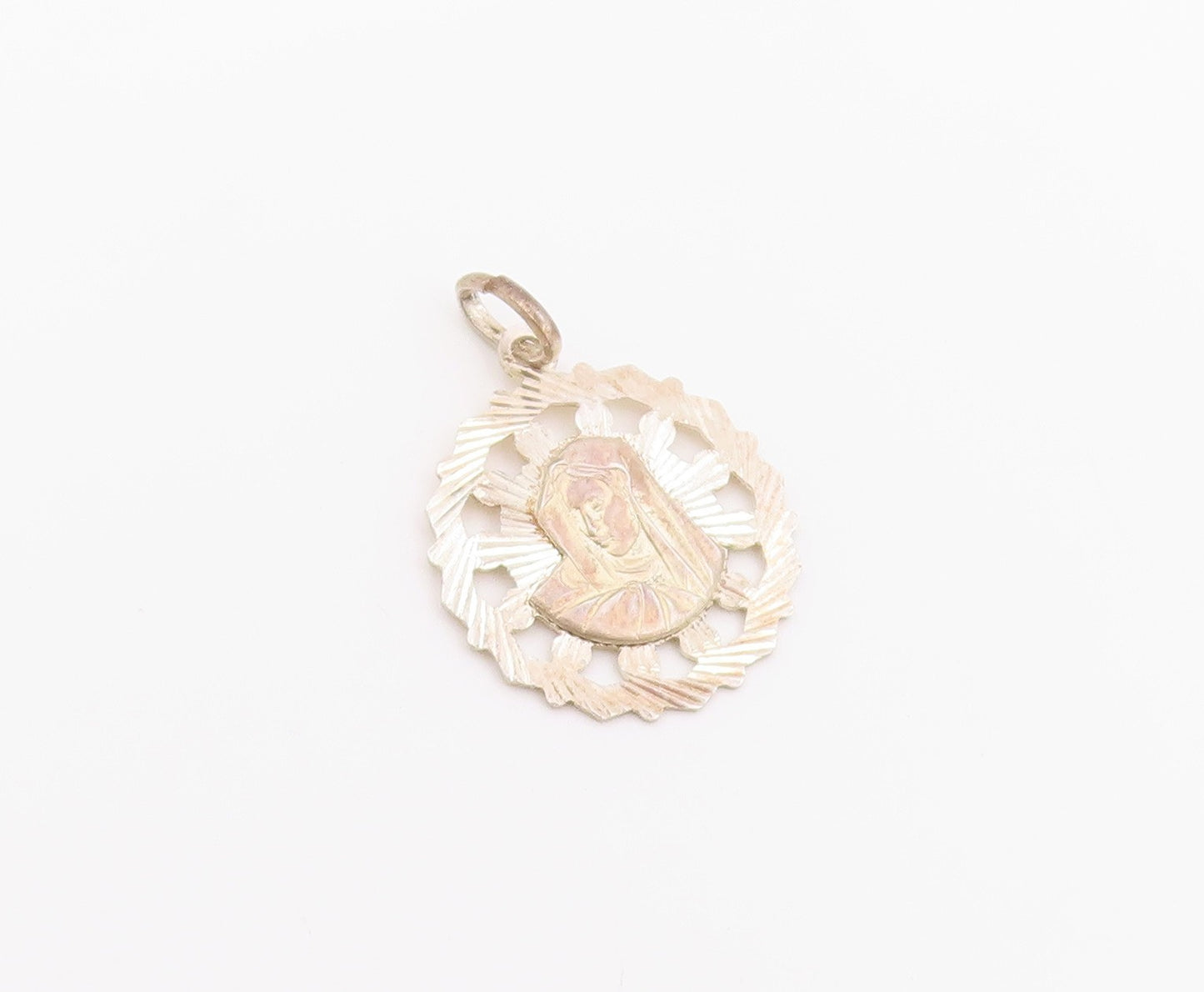925 Sterling Silver Vintage Pendant VIOR Etched Holy Virgin Mary Medal  PT26398