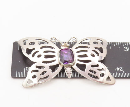 925 Silver  Vintage Spinel Lab Amethyst Stencil Butterfly Brooch Pin  BP10520