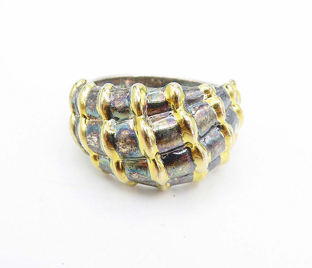 925 Sterling Silver  Vintage Shiny Two Tone Fluted Dome Band Ring Sz 11 RG7439