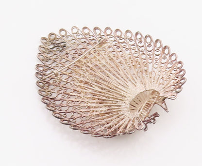 925 Sterling Silver Vintage Brooch Pin Designer Filigree Work Peacock  BP11235