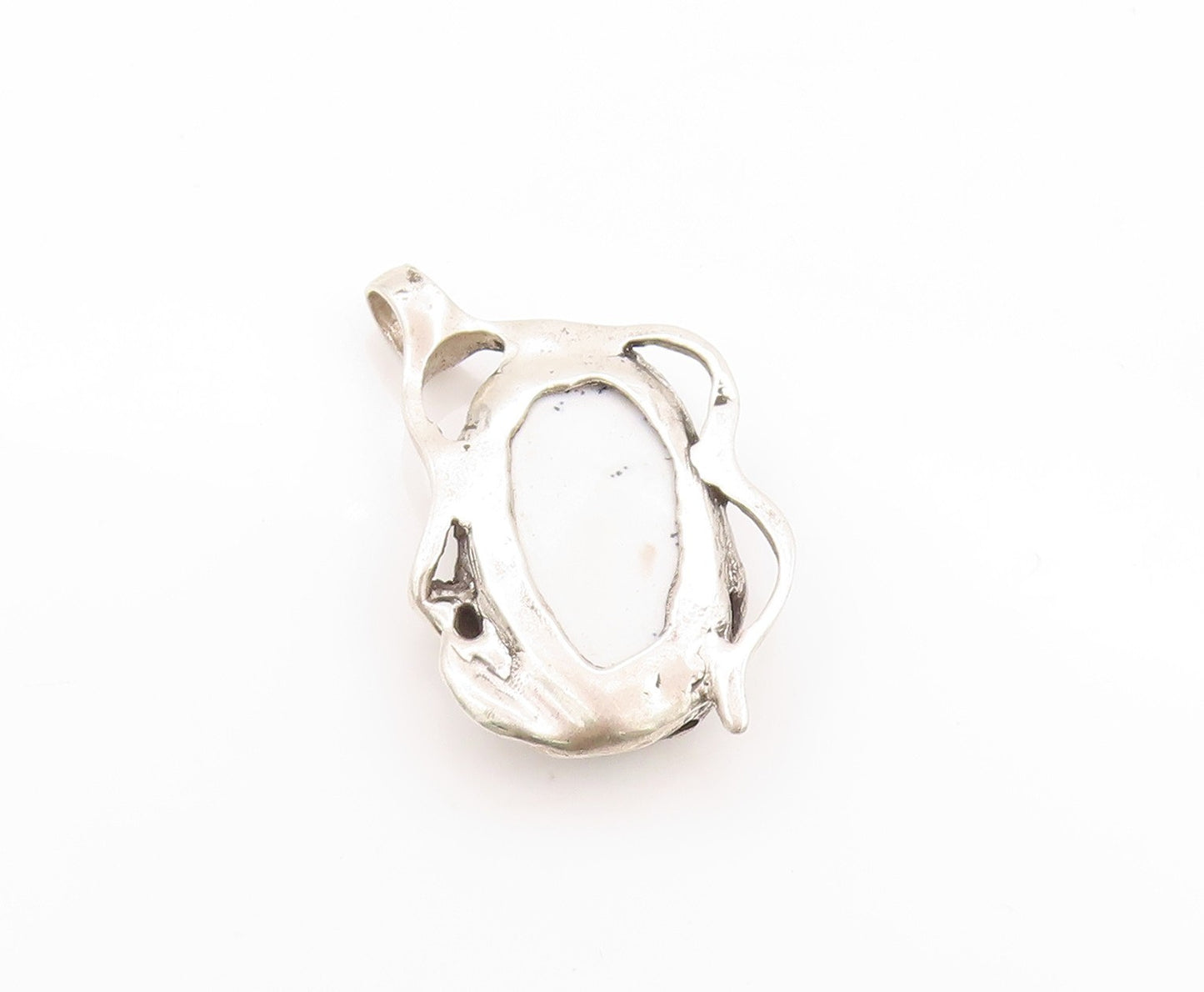 925 Sterling Silver Vintage Pendant Oval Gemstone Brutalist Carved  PT24108