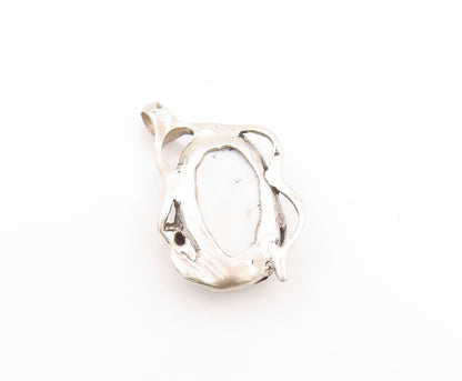925 Sterling Silver Vintage Pendant Oval Gemstone Brutalist Carved  PT24108