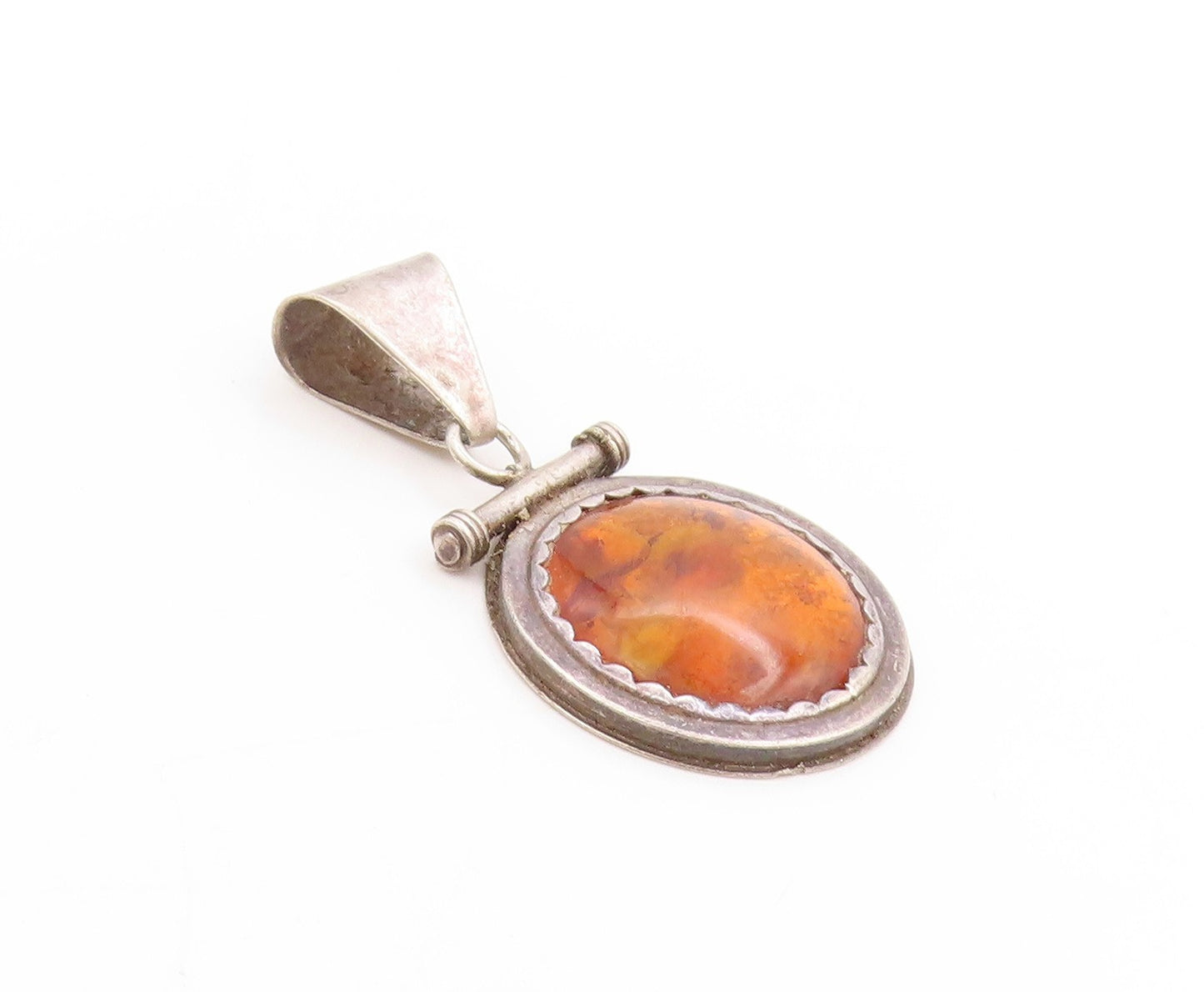 925 Sterling Silver Vintage Pendant Cabochon Honey Amber Toggle Design  PT25047