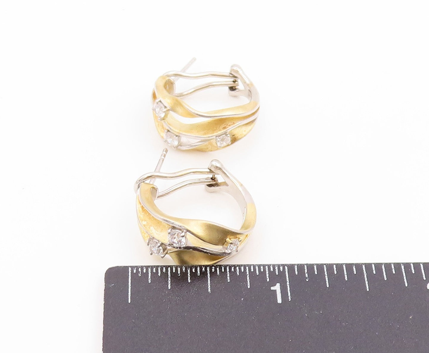 925 Sterling Silver Vintage Earrings Two Tone CZ Modernist Wavy Hoops  EG14040