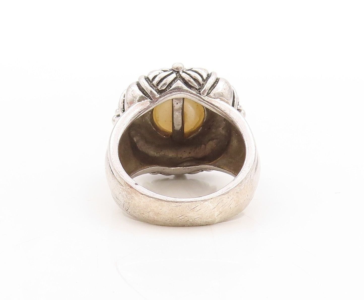 925 Sterling Silver Vintage Ring Floral Design Etched Pearl  Sz 8  RG31431